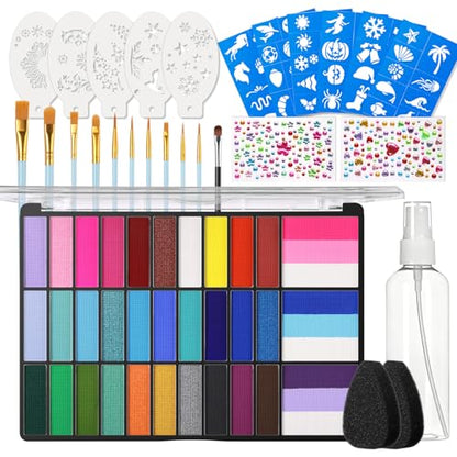 Face Painting Kit, 33 Colors Non-Toxic Face Paint Makeup Palette | Professional Facepaint with Stencils,Split Cake,Brushes,Water Based Face Body Paint Kit for Halloween,Cosplay Party