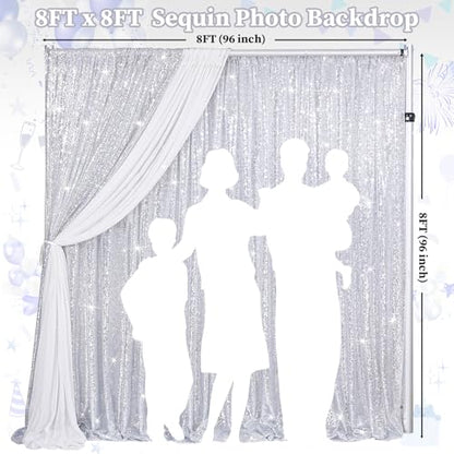 Silver Sequin Backdrop Curtain Drapes 8ftx8ft Glitter Fabric Photo Backdrop | Twilight Sparkle Photo Backdrop Curtain for Wedding/Baby Shower/Pincess Happy Birthday /Graduations/New Years/Theme Party - color: Silver, size: 8ftx8ft