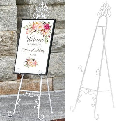 59" H Metal White Large Adjustable Easel Stand for Wedding Sign | Metal Free Standing Scroll Display Easel for Wedding Sign Mirror Picture Poster Holder Showcasing