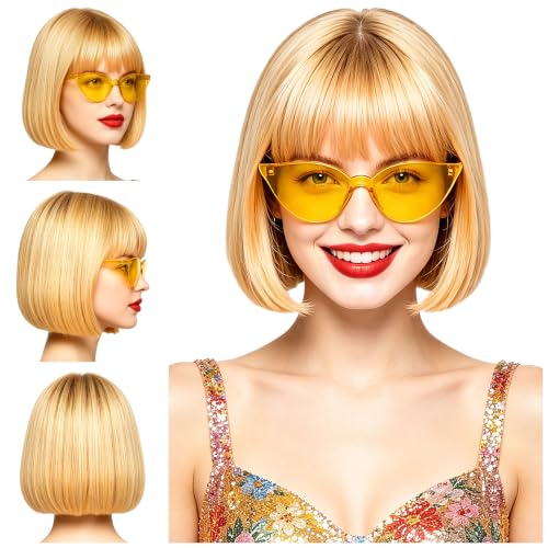 Short Bob Straight Hair Wigs with Bangs, Synthetic Fiber Colorful Hair, Cat Eye Glasses for Women (Deep Gold) - color: Deep Gold