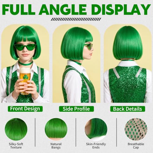Short Bob Straight Hair Wigs with Bangs, Heat Resistant Fiber Hair, Cat Eye Glasses for Women (Green) - color: Green