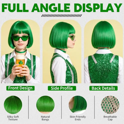 Short Bob Straight Hair Wigs with Bangs, Heat Resistant Fiber Hair, Cat Eye Glasses for Women (Green) - color: Green