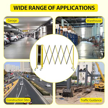 Garvee 19.8 ft Industrial Expandable Metal Barricade, Rotatable & Portable Safety Barrier with a Warning Board and Casters, Retractable Traffic Fence Mobile Safety Barrier Gate Yellow Black - size: 19.8FT