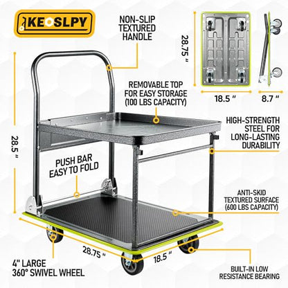 Upgraded Heavy Duty Foldable Push Cart Dolly 700 Lbs Load 2 Tier | High-Strength Steel Folding Platform Truck Cart, Moving Flatbed Cart with Wheels for Warehouse, Garage, Workshop, Office - style: 600LBS+100LBS