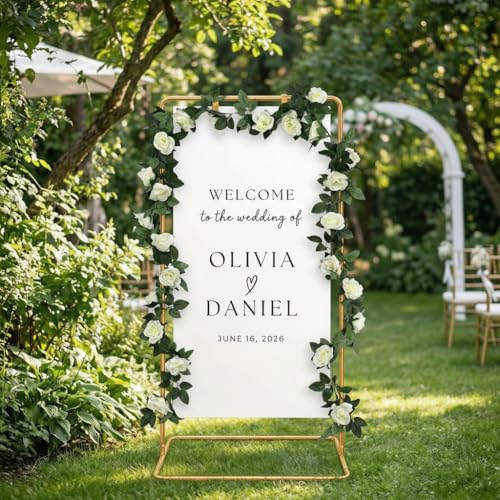 Wedding Welcome Sign Stand Fabric Banner Stand With Design Bundle Rose Vine | Linen Sign Holder Easel Stand for Sign Poster, Bridal Baby Shower Party With Stand Adjustable Welcome to Our Wedding, Gold - color: Gold