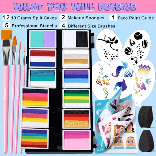 Drawdart Professional Face Painting Kit for Kids Adults, Split Cake Face Paint Palette 12 x 10gm with Stencil, One Stroke Non Toxic Rainbow Face Body Paint Set Festival Makeup - color: 12 Colors Faerie