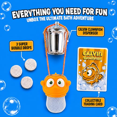 Suddy Buddy® Bubble Maker for Bathtub | Fun Kid Bubble Bath Toys | Safe Bath Bubbler for Boys & Girls Ages 3+ | Includes 1 Foam Dispenser, 1 Trading Card & 3 Super-Bubble Drops | Calvin Clownfish - style: Clownfish