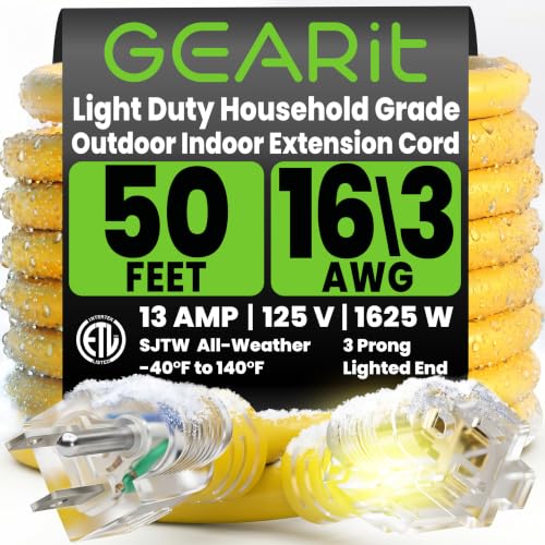 GEARit 50 ft Outdoor Extension Cord, 16/3 SJTW, 16 AWG Lighted - size: 16 AWG Gauge, style: 50 Feet (SJTW Rated)