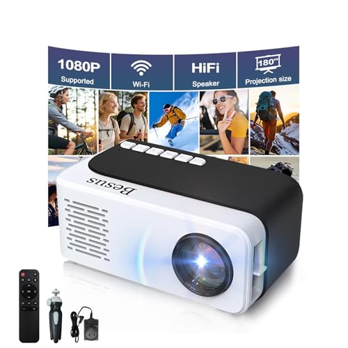 Mini Projector, HD 1080P WiFi Video Projector, Portable Outdoor Projector with Tripod, Gift for Kids, Home Theater Movie Phone Projector Compatible with USB, AV, Smartphone/Tablet/Laptop (black) - color: black