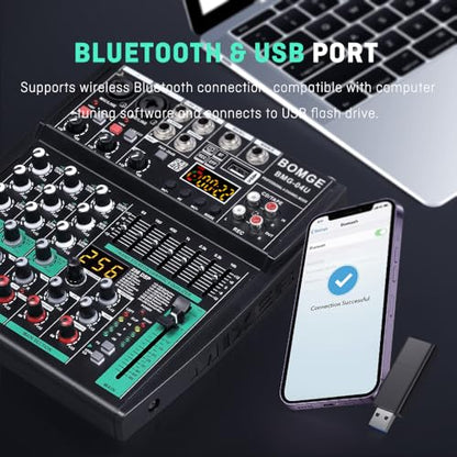 BOMGE Professional DJ audio mixer, 4 channel DJ mixer, Bluetooth sound mixer, supports USB/MP3/BT computer input,256DSP,48V phantom power suitable for DJ studio streaming recording
