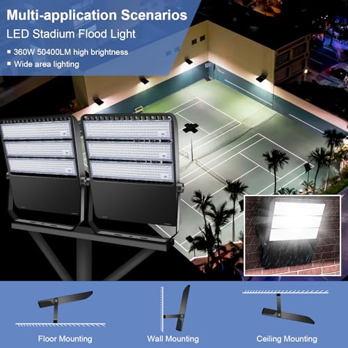 Outdoor LED Stadium Flood Lights 2400W Equivalent Super Bright | 52200LM Wall Mount 360W Parking lot Commercial Lighting for Basketball Court, Arena, Barn 5500K 85-277V Waterproof Yard Lamp - size: Large/360-1