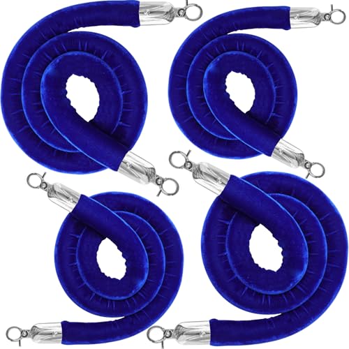 4PCS Blue Velvet Stanchion Rope 5 Ft Crowd Control Ropes Barrier with Silver Hooks for Party - color: Blue&Silver, size: 4PCS