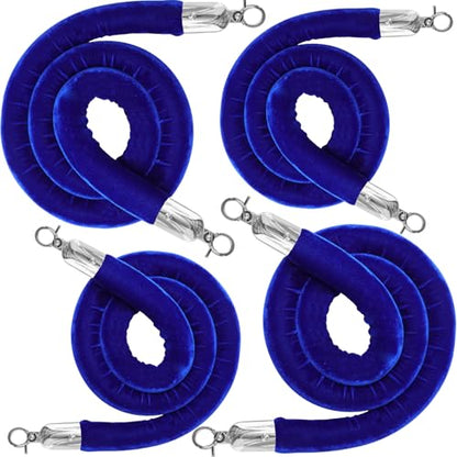 4PCS Blue Velvet Stanchion Rope 5 Ft Crowd Control Ropes Barrier with Silver Hooks for Party - color: Blue&Silver, size: 4PCS