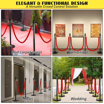 4 Pack Stanchions Post with Velvet Rope, Metal Posts with Weighted Base, Heavy Duty Crowd Control Barriers & Poles for Red Carpet, Movie Theater, Event, Party Supplies, Red - color: Metal-Red (Upgraded)