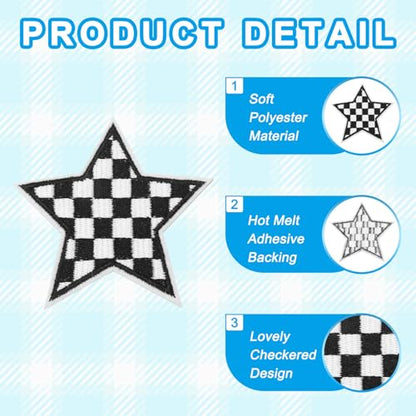 MECCANIXITY 18 Pcs Star Checkered Iron on Patches Embroidered Appliques Sew on Patches for Jacket Denim Collection Clothes Dress Hats Jeans DIY Accessory, Black/White - color: Black/White