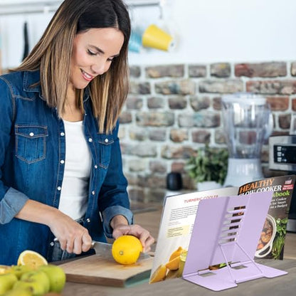 Honagu Book Stand Metal Desk Book Holder, Book Holders for Reading Hands Free, Adjustable Cookbook Documents Holder, Portable Bookstand for Music Books, Textbook, Recipe, Tablet, Ipad (Light Purple) - color: Light Purple