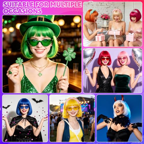 Short Bob Straight Hair Wigs with Bangs, Heat Resistant Fiber Hair, Cat Eye Glasses for Women (Pink-Purple) - color: Pink-Purple