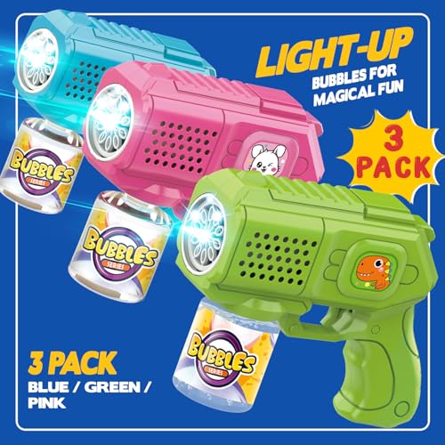 3 Pack Bubble Guns with Bubble Solution, Boys Girls Toys Gifts 3+ - color: Blue+green+pink