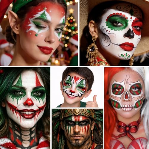 Green White Red World Cup Mexico Flag Face Body Paint Set, Face Painting Kit with Paintbrushes for Halloween Day of the Dead Catrina Makeup Clown Skull Tribal Warrior Christmas Elf Queen SFX Make-up - color: Mexico Flag/Catrina
