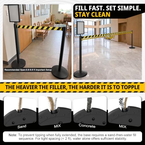8-Pack Black Stainless Steel Crowd Control Stanchions, 9.8 ft Retractable Black and Yellow Stripe Safety Belts with 2 Sign Holders(Black and Yellow Stripe Belt) - color: Black stanchions w Black and Yellow Stripe Belt, size: 8 pcs