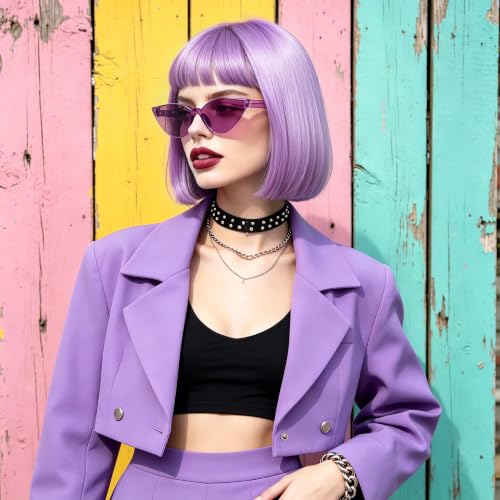 Short Bob Straight Hair Wigs with Bangs, Heat Resistant Fiber Hair, Cat Eye Glasses for Women (Pink-Purple) - color: Pink-Purple