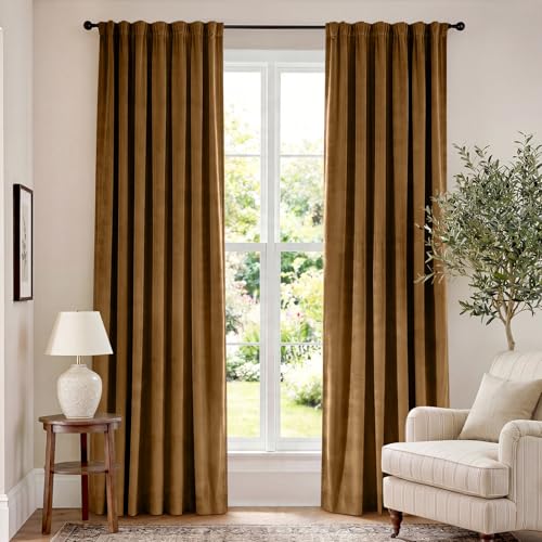 Lazzzy Blackout Golden Brown Velvet Curtains Rod Pocket 62×84 Inch 2 Panels | Soft Velvet, For Bedroom & Living Space, Light Shifting Texture, Elegant Luxury Drape, Rich - color: R | Gold Brown, size: 62"W x 84"L (Pack of 2)