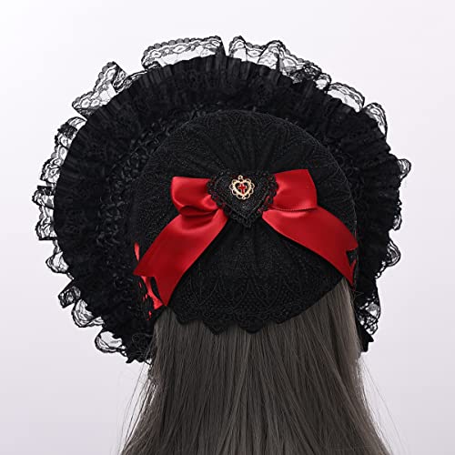 COSDREAMER Girls Women Victorian Bonnets Lace Flowers Tea Party Hats - color: Black Red