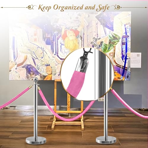 2PCS Pink Velvet Stanchion Rope 5 Ft Crowd Control Ropes Barrier with Silver Hooks for Party - color: Pink&Silver, size: 2PCS