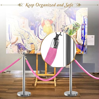 2PCS Pink Velvet Stanchion Rope 5 Ft Crowd Control Ropes Barrier with Silver Hooks for Party - color: Pink&Silver, size: 2PCS