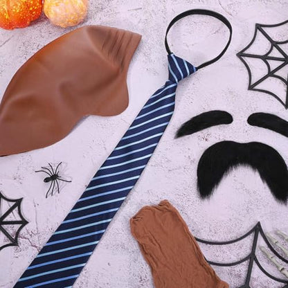 4 Pcs Halloween Costume Accessories Include Brown Bald Cap,Stripe Tie,Cap Net,Mustache Eyebrows for Men Women Party Dress Up
