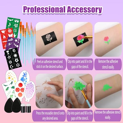 Face Painting Kit for kids, 52 Colors Professional Face Paint Makeup Kit Non-Toxic Water Activated Facepaint Palette, glitter gel, brushes, sponges, stencils for party Halloween School Event Festivals
