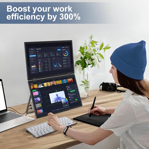 InnoView Dual Portable Monitor 15.6" 1920x1080 Dual Stacked Foldable Monitor | 315° Screen Adjustment | USB-C/HDMI Dual Screen Monitor for Laptop, Mac, Windows - size: 15.6 inch