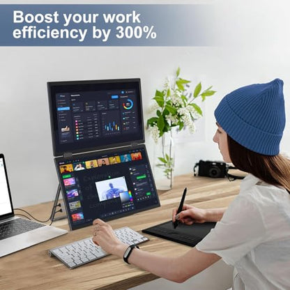 InnoView Dual Portable Monitor 15.6" 1920x1080 Dual Stacked Foldable Monitor | 315° Screen Adjustment | USB-C/HDMI Dual Screen Monitor for Laptop, Mac, Windows - size: 15.6 inch
