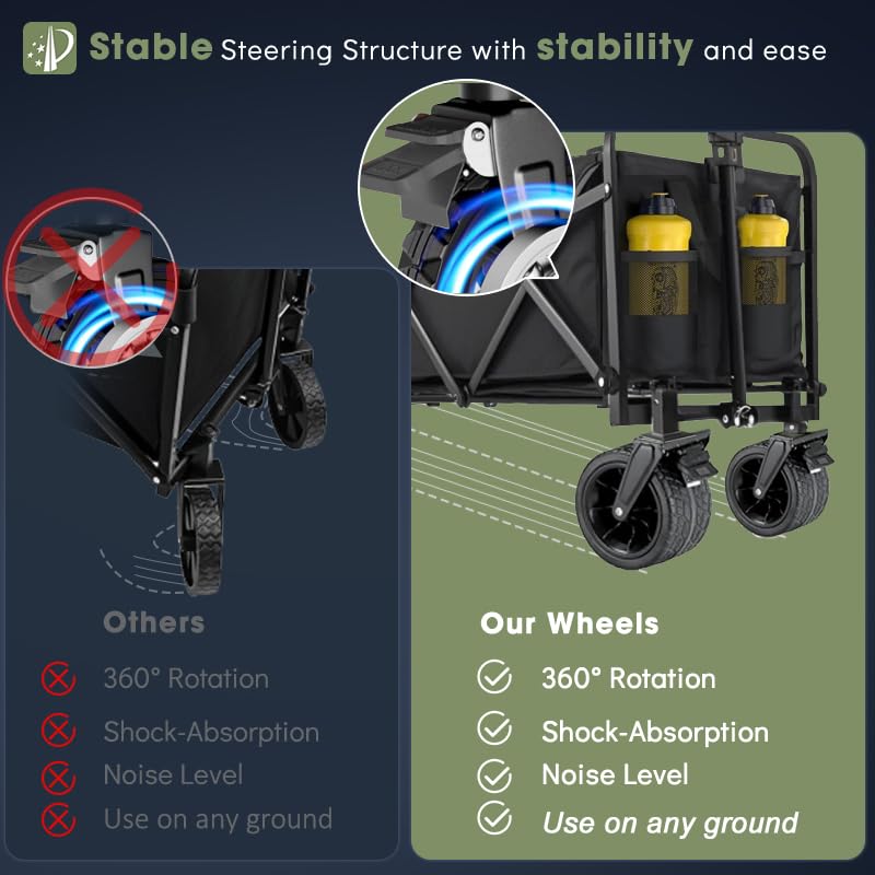 350L Large Capacity Foldable Wagon with Brakes, 560lbs Heavy Duty Collapsible Wagon Cart with Push Handle All-Terrain Big Wheels for Camping, Sports, Shopping, Beach - size: 350L