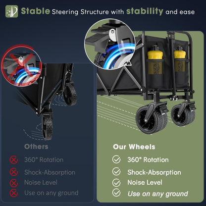 350L Large Capacity Foldable Wagon with Brakes, 560lbs Heavy Duty Collapsible Wagon Cart with Push Handle All-Terrain Big Wheels for Camping, Sports, Shopping, Beach - size: 350L