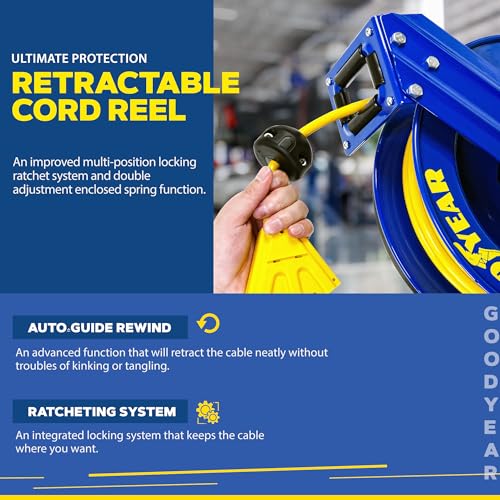 Goodyear Extension Cord Reel Retractable 14AWG x 100' Feet | 3C SJTOW Cable Triple Tap Connector Power Rating 125 Volt AC 13 Amp 1625 Watt Industrial Steel Single Arm