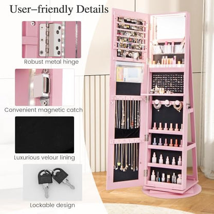 LOKO 360° Swivel Jewelry Cabinet, Lockable Jewelry Organizer (Pink) - color: Pink