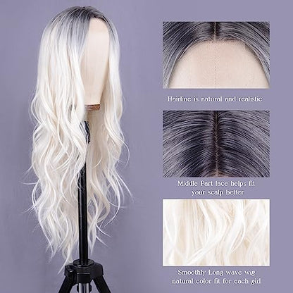 Aida ble Long Wavy White Wig for Women 26inch Middle Part Synthetic Wig | Natural Looking Heat Resistant Hair,Suitable for Daily Wear,Party,Halloween and Cosplay,Beginner-friendly Wig - color: White