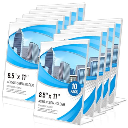 Eocnrhe Acrylic Sign Holder 8.5 x 11 10 Pack, Double-Sided Clear Sign Holder Plastic Stands for Display, Table Sign Stands, L Shape Flyer Holder