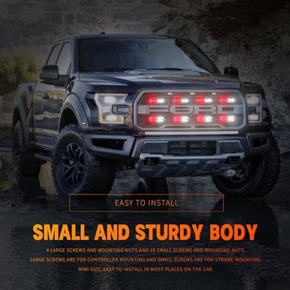 8-pcs Sync Feature LED Emergency Strobe Lights Ultra Slim Grille Surface Mount Flashing Warning Hazard Light Bar w/Controller for Construction, Trucks, Vehicles, Car (R/W) - color: R/W, size: 8×4.5in