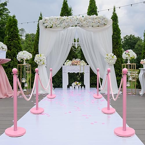 Ferraycle 4 Pcs Stainless Steel Stanchions 38 Inch with Velvet Rope, Pink | Pink Stanchions Set, 5 ft Velvet Rope Included, Ball Top Posts, Weighted Base, Crowd Control Barriers, Wedding Party