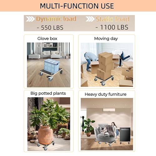 Furniture Moving Dolly Wood Platform Dolly 2 Packs, 1100 lbs Capacity Heavy Duty Wood Dollies cart with Wheels, Movers Carrier with 4 Soft Rubber Silent Wheels （2 with Brake+ 2 Without） - size: Square Furniture Dolly with TPR Brake Wheels