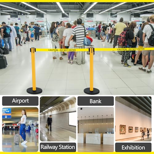Therwen 6 Pack Heavy Duty Crowd Control Stanchions 9.8 ft Stainless Steel Stanchion Set with 6 Safety Barrier Post Retractable Belt and 1 Sign Holder Crowd Control Barrier(Caution Belt,Yellow) - color: Yellow, size: Caution Belt