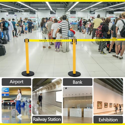 Therwen 6 Pack Heavy Duty Crowd Control Stanchions 9.8 ft Stainless Steel Stanchion Set with 6 Safety Barrier Post Retractable Belt and 1 Sign Holder Crowd Control Barrier(Caution Belt,Yellow) - color: Yellow, size: Caution Belt