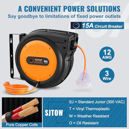 VEVOR Retractable Extension Cord Reel, 80 FT, Heavy Duty 12AWG/3C SJTOW Retractable Power Cord with Lighted Triple Tap Outlet, 15 Amp Circuit Breaker 180° Swivel Bracket for Ceiling or Wall Mount | 15A Circuit Breaker, with Lighted Triple Tap Outlet, 180°