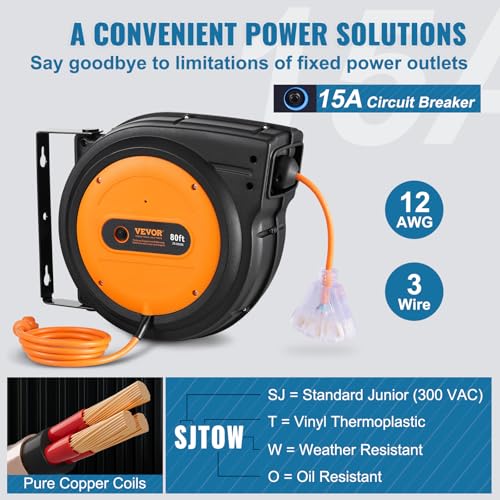 VEVOR Retractable Extension Cord Reel, 80 FT, Heavy Duty 12AWG/3C SJTOW Retractable Power Cord with Lighted Triple Tap Outlet, 15 Amp Circuit Breaker 180° Swivel Bracket for Ceiling or Wall Mount | 15A Circuit Breaker, with Lighted Triple Tap Outlet, 180°