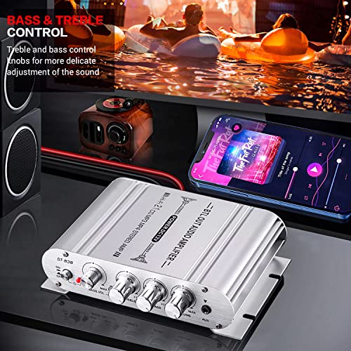 Facmogu ST-838 2.1CH Audio Power Amplifier, RMS 20Wx2+40W Class D Stereo Digital Audio Amp with Subwoofer Output, 80W Mini Subwoofer Amplifier Audio Stereo Bass Amp with DC12V Power Adapter - Silver - color: ST-838 Silver (20Wx2 + Passive Subwoofer)