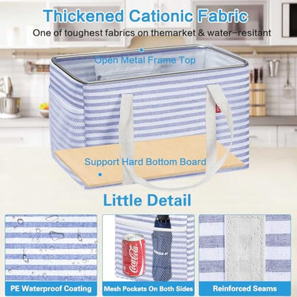 LHZK Standing Utility Tote Bag with Metal Wire Frame and the Sides Rinforced, Large Tote Bag with Handle, Reusable Grocery Bags Foldable, Beach Bag, Car Tote (Blue, 18.5''x11.8''x11.5'') - color: Blue, size: 18.5''x11.8''x11.5''-1 Pack