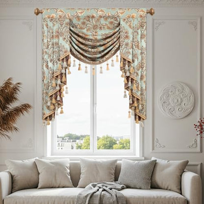 Leeva Blue Damask Waterfall Valance 39x45, Luxury European Jacquard Window Treatment with Tassels, Rod Pocket Swag Curtain Topper for Living Room Bedroom - color: *Blue, size: 39"W x 45"L (Pack of 1)