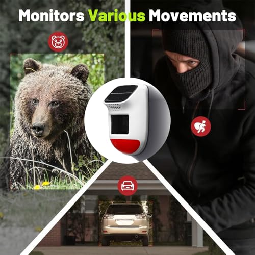 Solar Motion Sensor Alarm - 120dB IP65 Waterproof Security Siren with Remote & Strobe Light, 3 Modes for Yard/Farm/Home, 5-8m Pet-Friendly Detection (Animal Sound (Or You can add Your own Voice)) - style: Animal Sound (Or you can add your own voice)